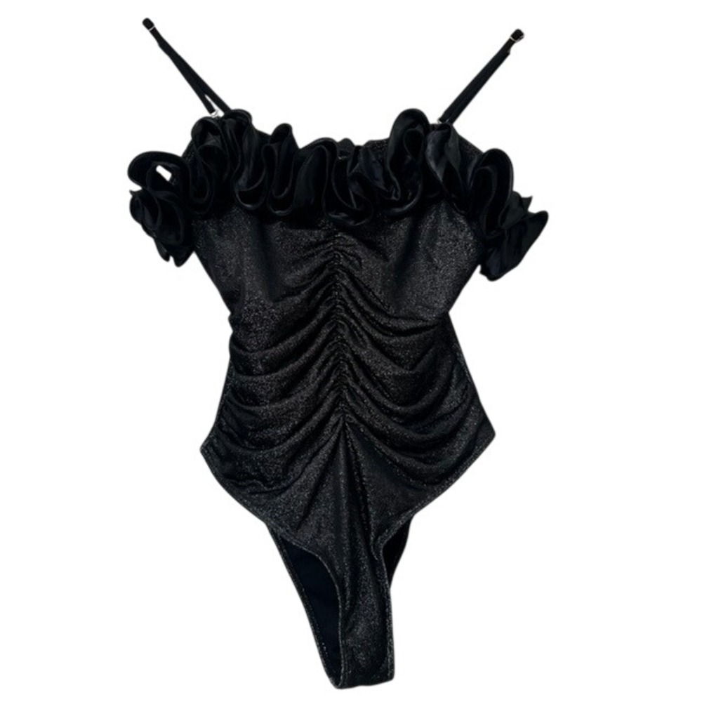 Metallic Sultry Eye Catching Black Shimmer Bodysuit w/ Ruffles Ruched Size L